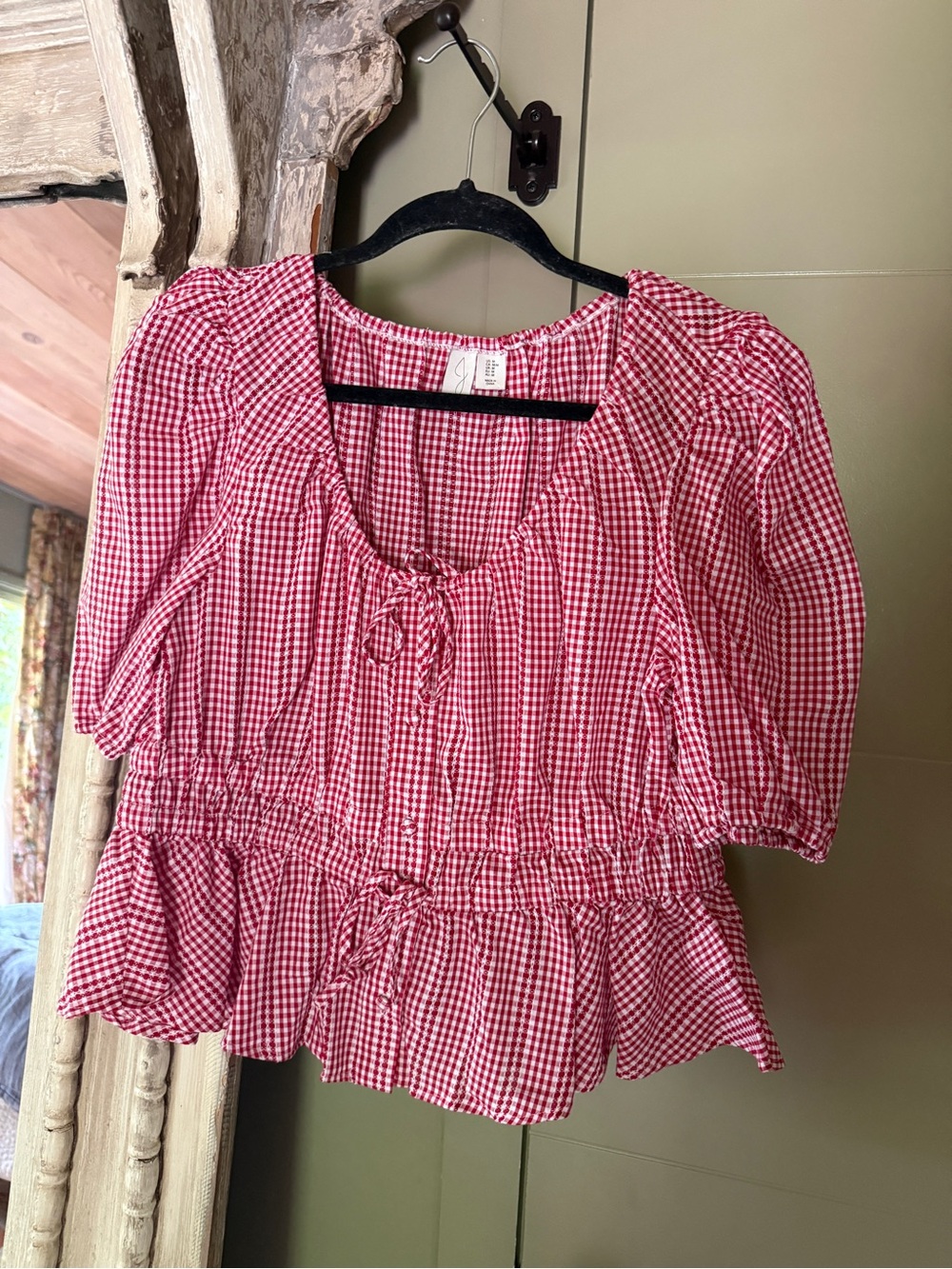 Joie Red Gingham Peplum Tie-Front Blouse